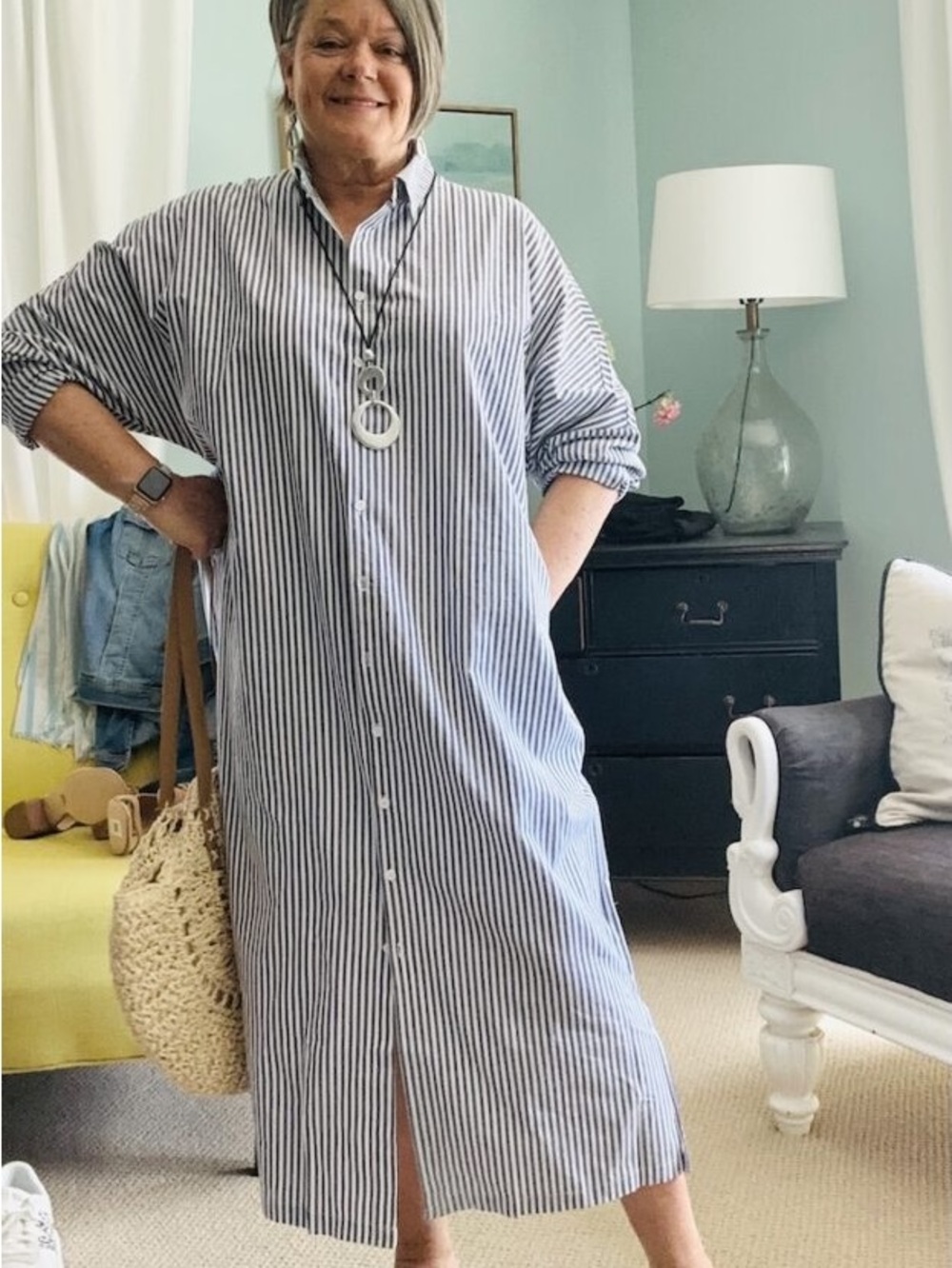 Striped Button-Front Shirt Dress — Blue/White size Large